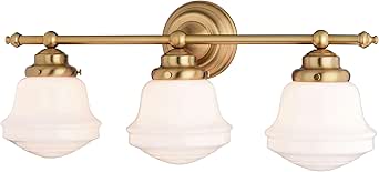 VAXCEL Huntley 3-Light 24 inch Wide Natural Brass Gold Farmhouse Bathroom Vanity Lighting Fixture, White Schoolhouse Milk Glass Globe Shade, Dimmable, LED Compatible, Over The Mirror Wall Mounted