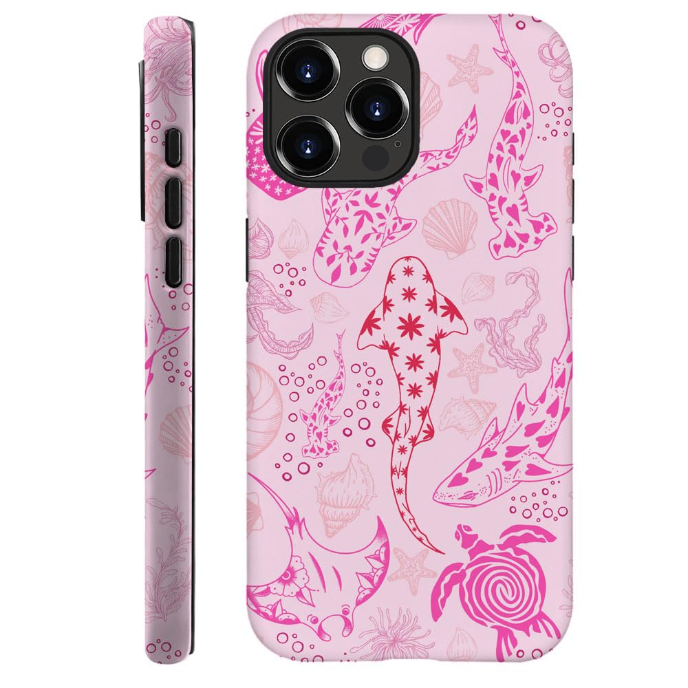 Case for iPhone 15 Pro Max,Fits Frosted Case Design for Girl Women,Sharks Turtles Shells Seaweed Pink