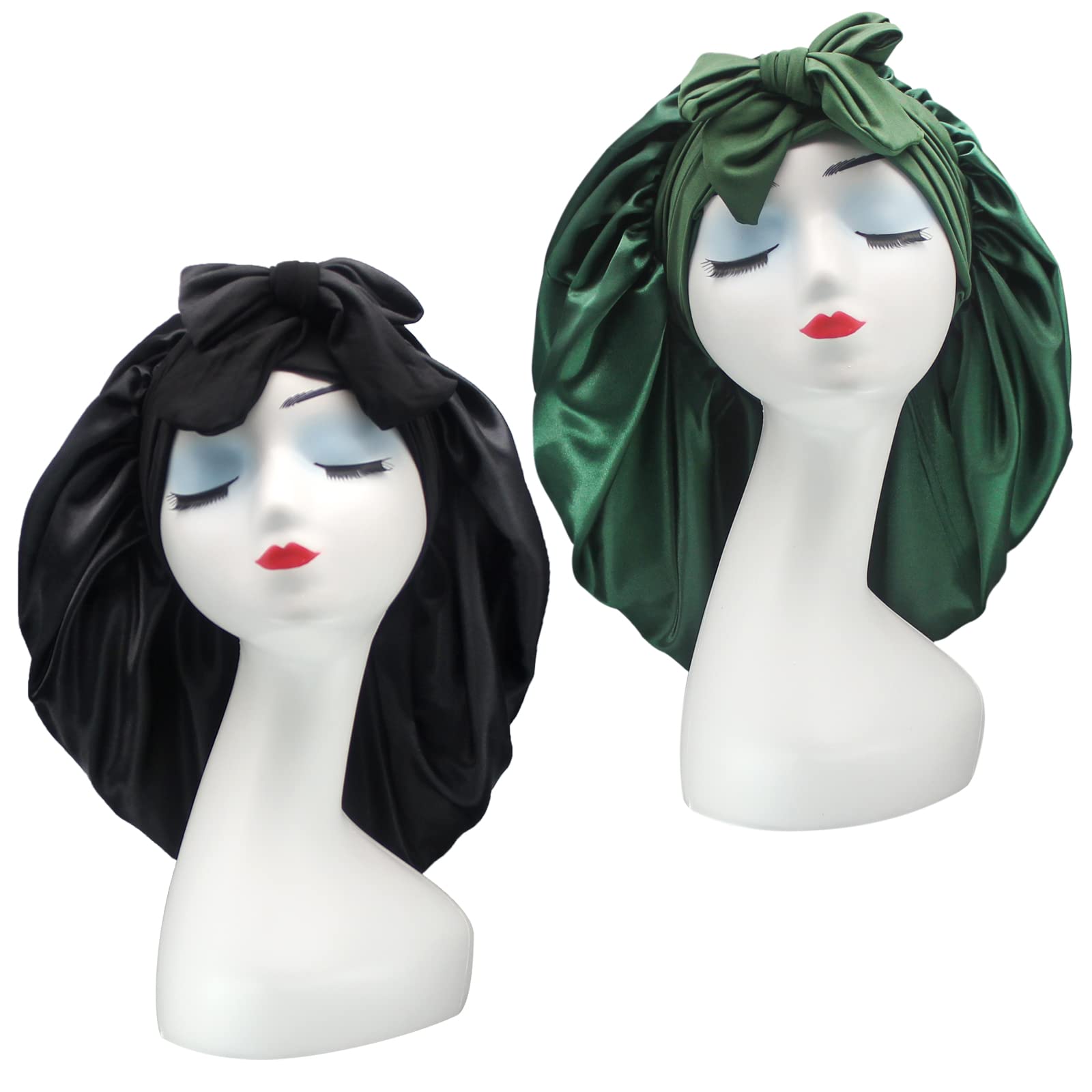 Hanbertti 2 Pack Silk Satin Hair Bonnet With Stretch Tie Band Bonnets for Curly Hair Sleeping Adult Women Girls (Black + Dark Green)