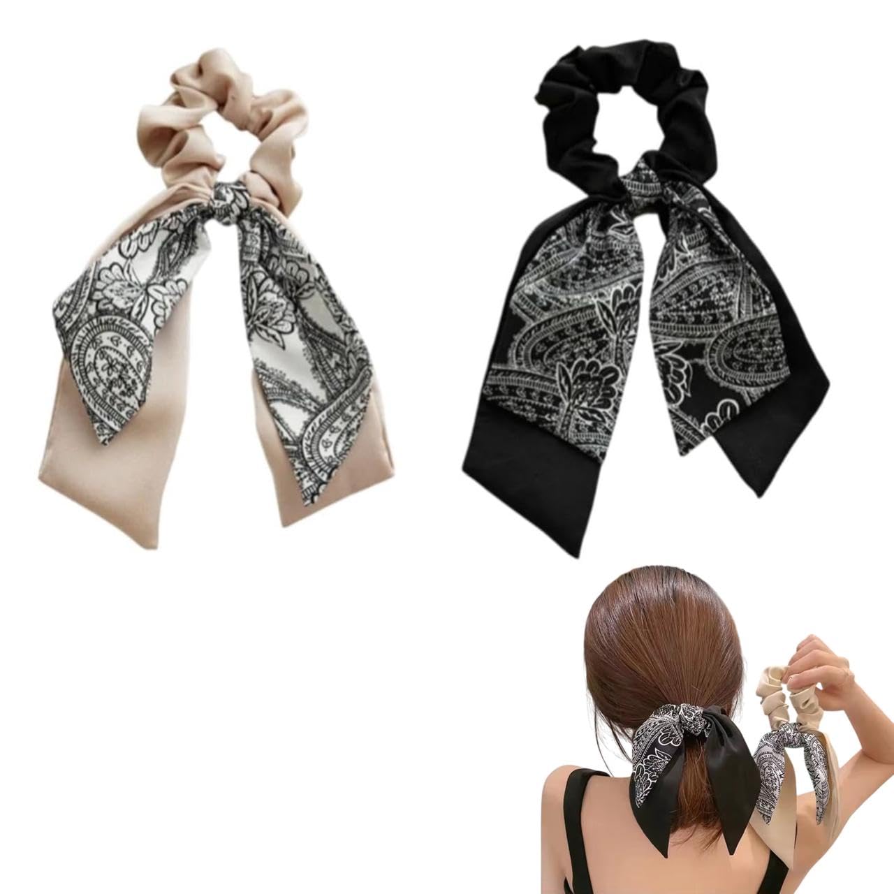 ADORNISH 2 PCS Short Hair Scarf Scrunchies Ties Elegant Satin Bow Scrunchie Flower Floral Hair Ribbon (RANDOM COLOR)-image-20