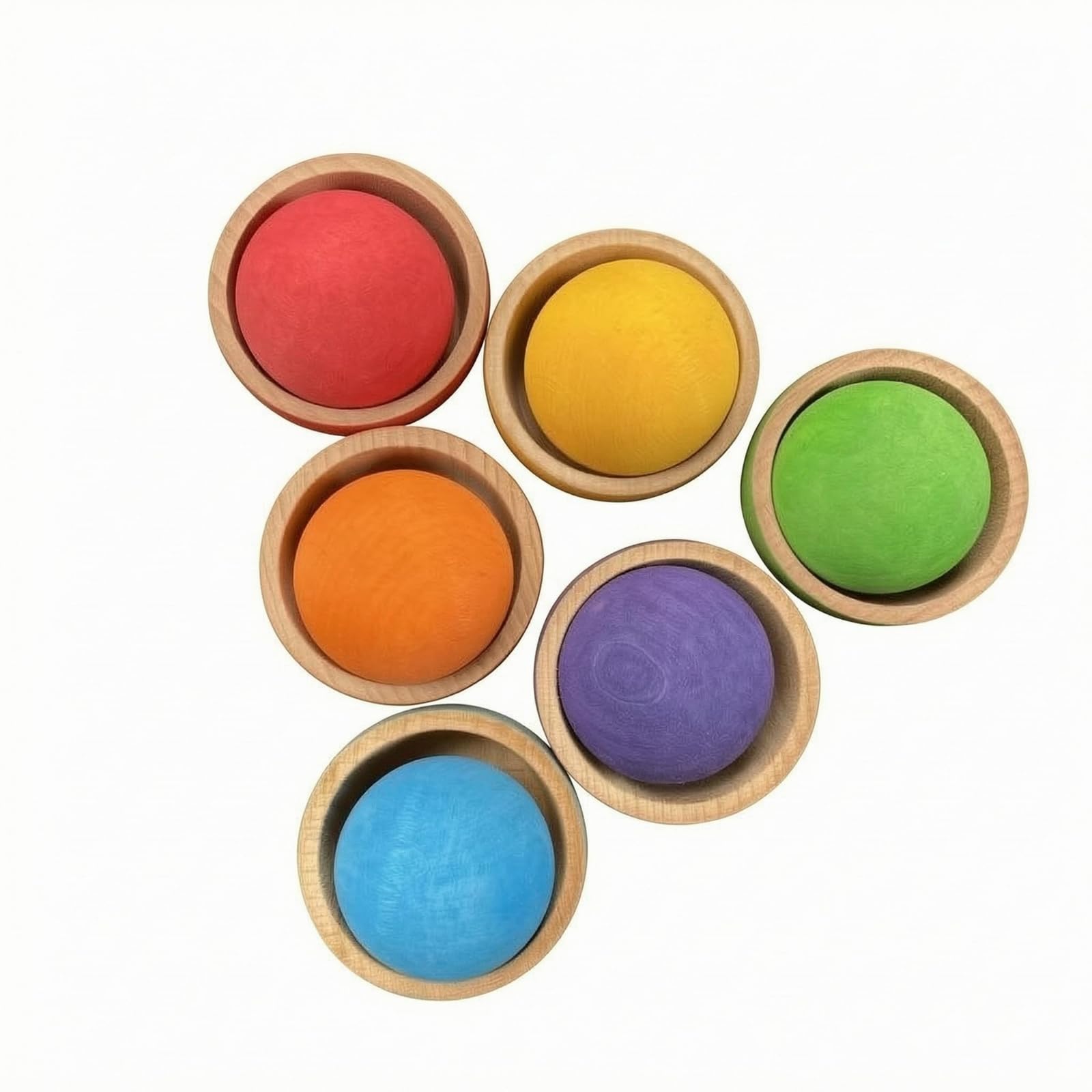6 Pieces Set di Ciotole Arcobaleno in Legno Dipinto Ciotole Impilabili in Legno Finitura Liscia Stoviglie, Ciotole Arcobaleno Da 6 Colori Con 6 Palline Da 4.5
