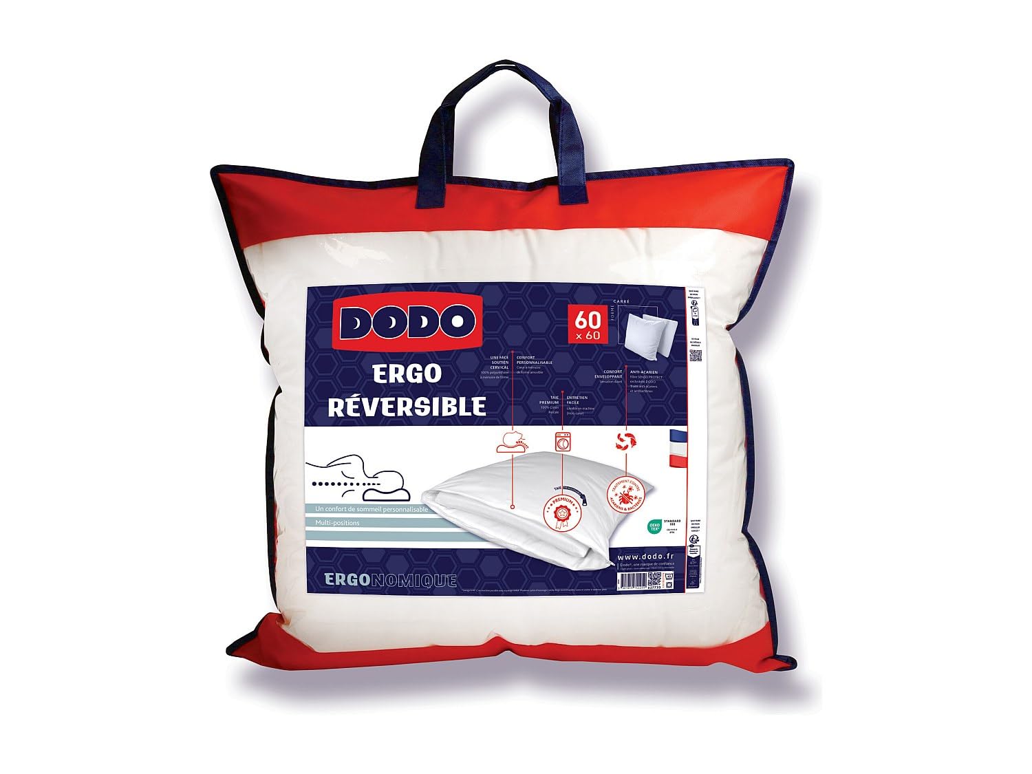 DODO - Oreiller Ergonomique Anti-​acariens à mémoire de Forme - 60 x 60 cm - Coeur Adapt