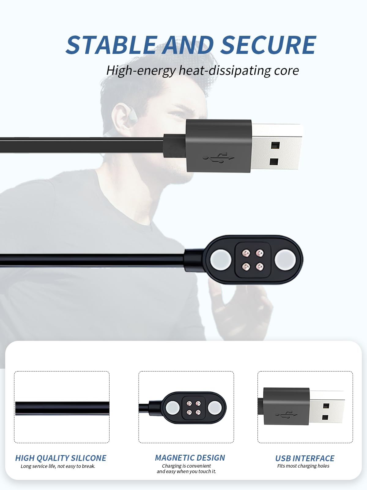 Lot de 2 câbles de charge pour casque de natation Tayogo, cordon de charge USB magnétique stable compatible avec Tayogo W22