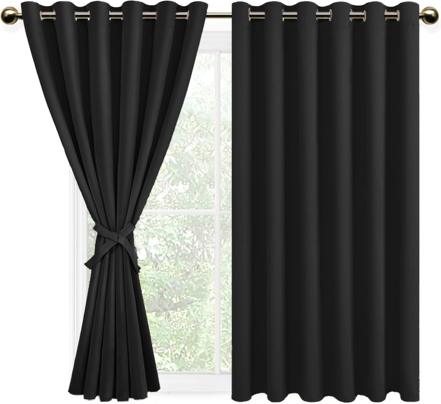 DWCN Black Blackout Bedroom Curtains with Tiebacks Thermal Insulated Solid Eyelet Curtains for Living Room, 90" Wide x 54" Drop, 2 Panels โ image 1