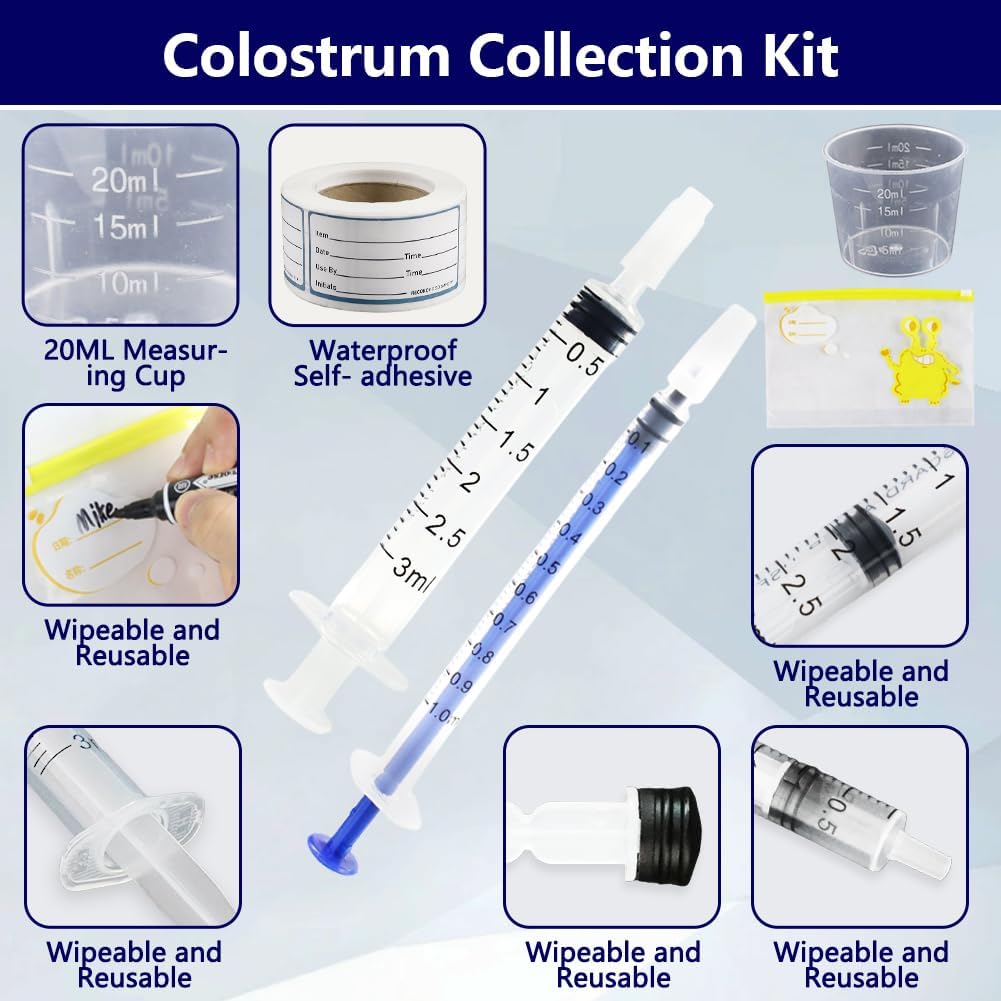 100PCS Colostrum Collector, SEILETOO Syringes for Collecting Colostrum, Colostrum Collection Kit 50PCS 1mL and 50PCS 3mL Syringes with Cap, 4X Measuring Cup, 10X Storage Bags, 300 Labels