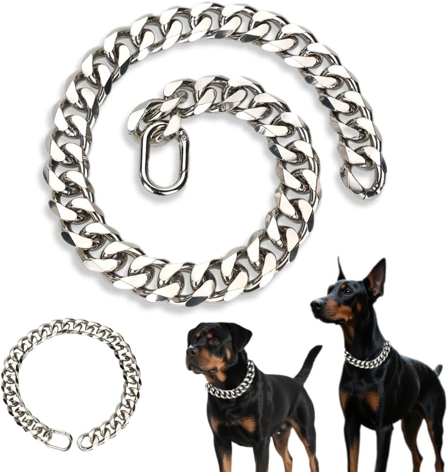 Silver Dog Collar Cuban Link Dog Chain Collar Durable Metal with Buckle Fixed Length Thick Pet Necklace for Medium Dogs (19MM, 18 Inch)