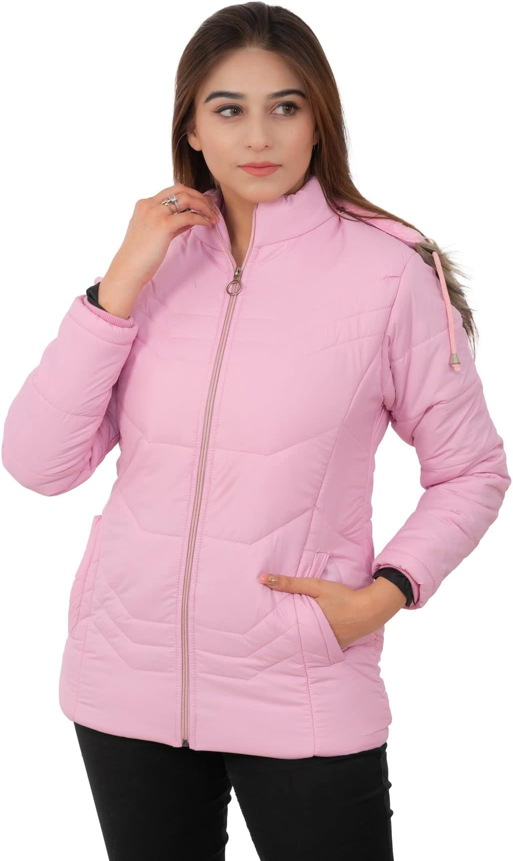 GenericWomen's STUFFLIN Quilted Puffer Jacket Full Sleeves Standard Length Winter Jacket Girls Winter Wear Jacket (2XL, Baby Pink)