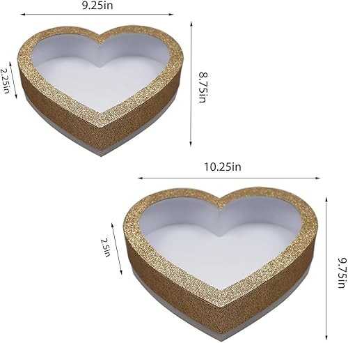 Miniatura 3 de Caja de regalo de cartón de 10 pulgadas con forma de corazón de macé de flores, fresas, dulces, con ventana transparente, juego de 2 (LM) (dorado)