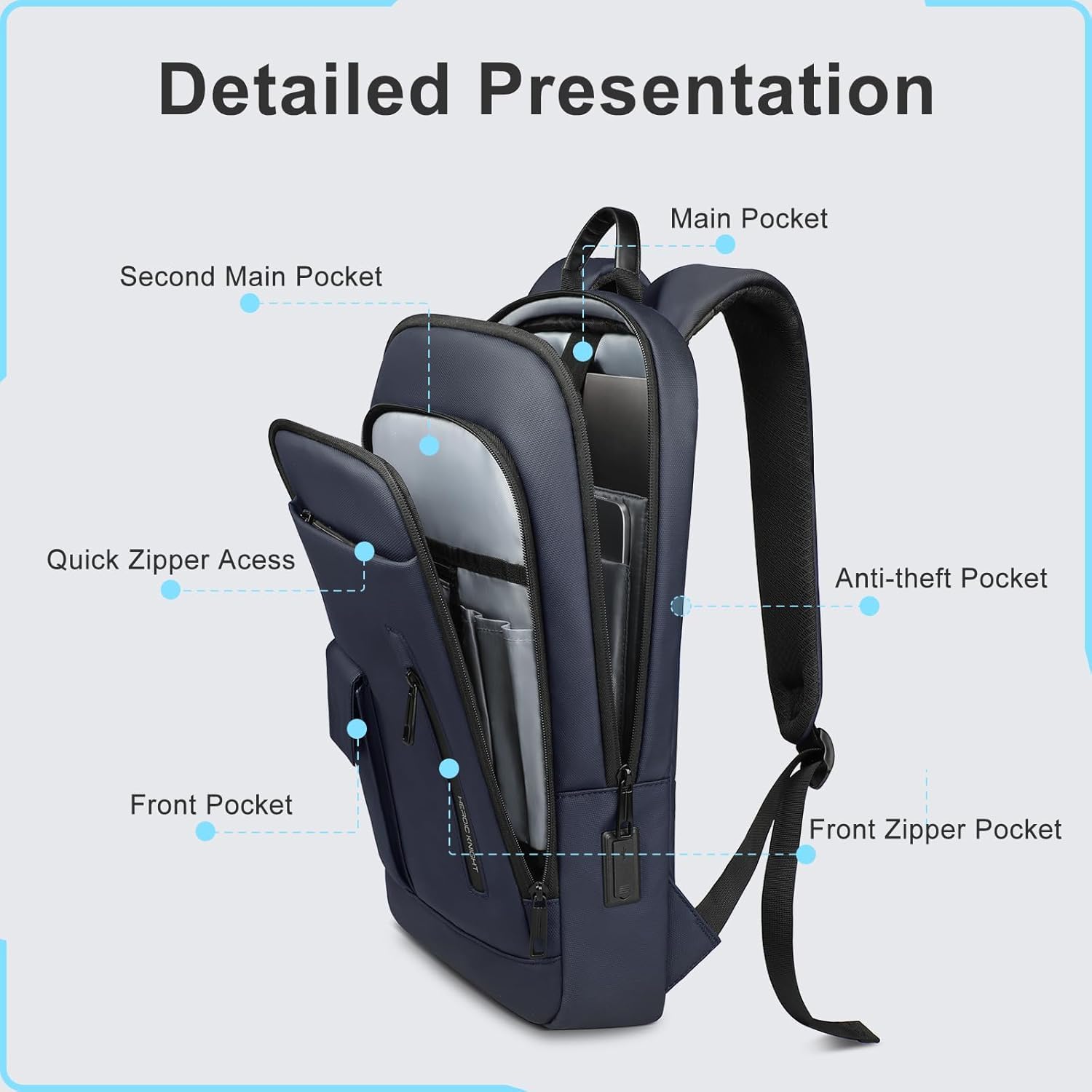 Slim Backpack for Men Women, 17.3 Inch Business Laptop Backpack with USB Charging Port, Lightweight Anti-theft Travel Computer Backpacks,Water-resistant Casual Daypack Bag for College Work Daily-Blue