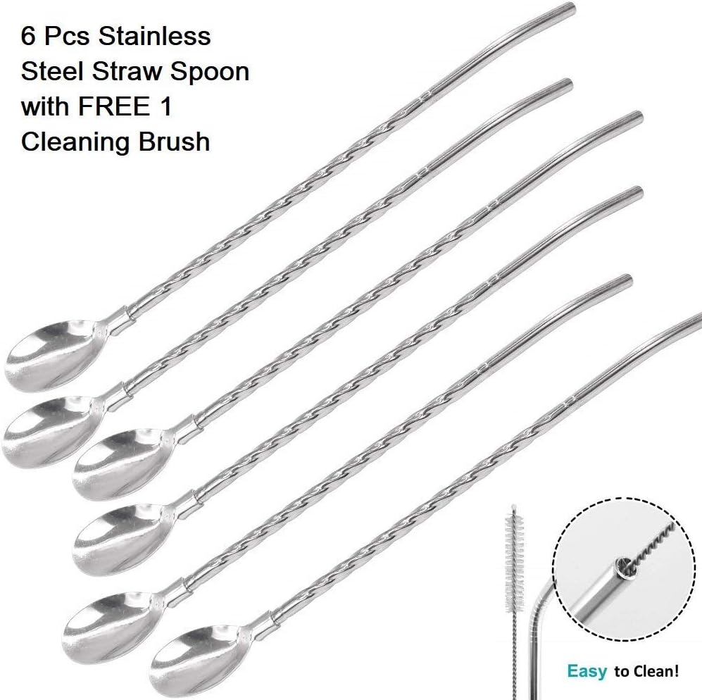 Hojo Drinking Slush Straw Set of 6 for Cold Hot Drinks Barware Reusable Stainless Steel Cocktail Mixing Spoon with Cleaning Brush Oval Shape