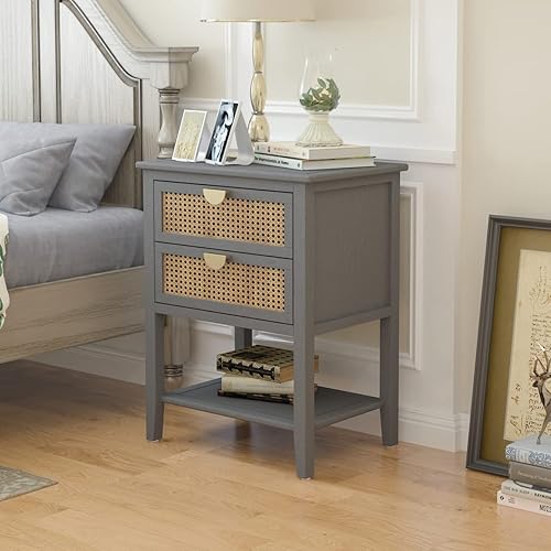 Miniatura 1 de PEIHONGET Mesitas de noche con 2 cajones mesita de noche de ratán mesa auxiliar organizador de armario de almacenamiento cajón y estante para