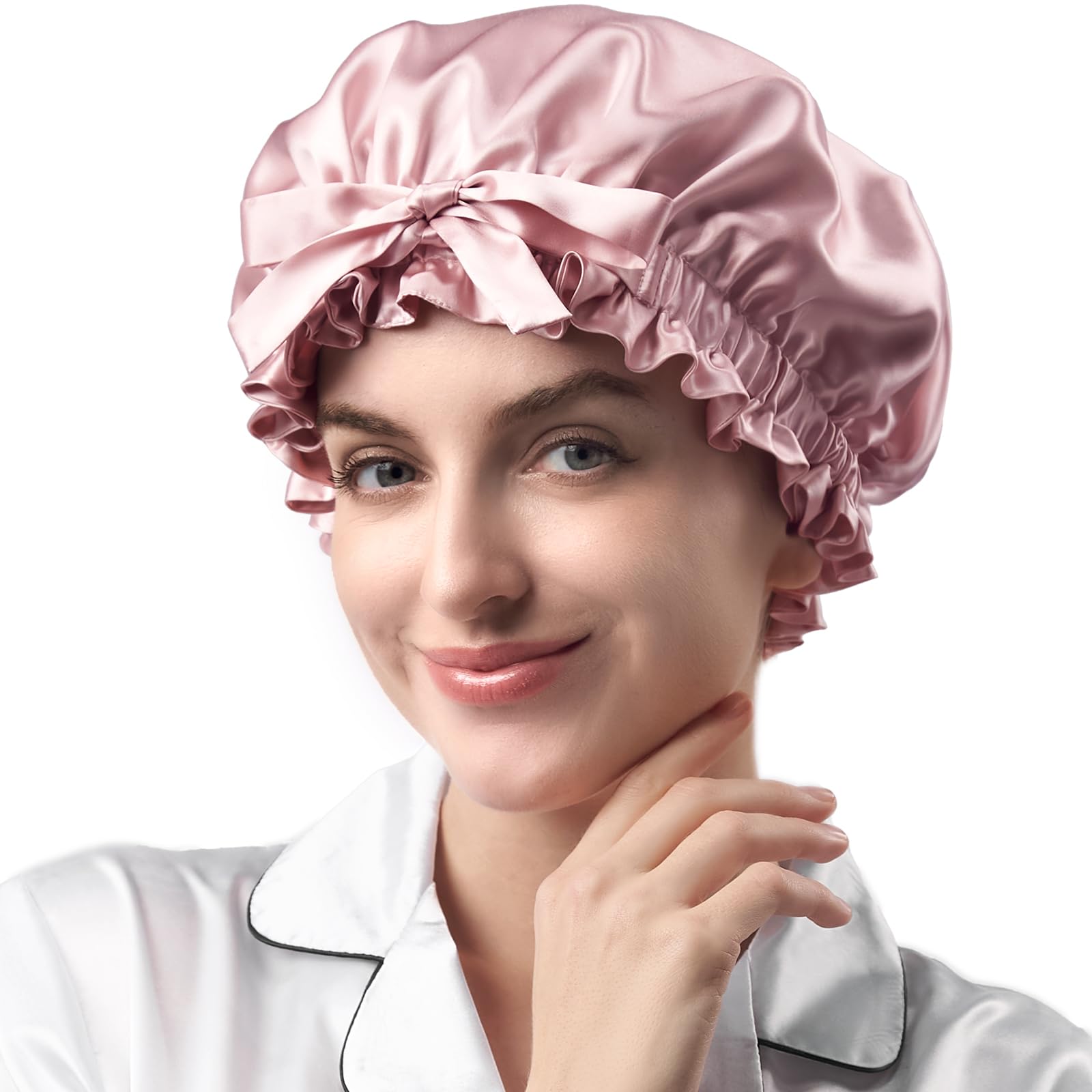 Umisleep Gorro de Seda de Morera de 22 mommes, 100% Seda de Morera, con Volantes, Doble Cara, Suave y Transpirable, Banda Ancha Ajustable para Cabello Rizado
