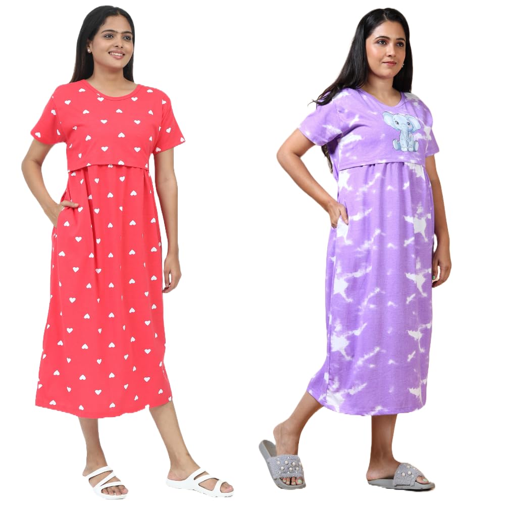 Mayaval Cotton Maternity & Nursing Dress Set for Women – Pack of 2 Midi Feeding Dresses in Coral Pink and Lavender Heart & Tie-Dye Print-image-3