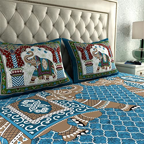 Image of La Verne104 TC 100% Cotton Jaipuri Rjasathani Hand Print Bedsheet with 2 Pillow Covers (Blue)