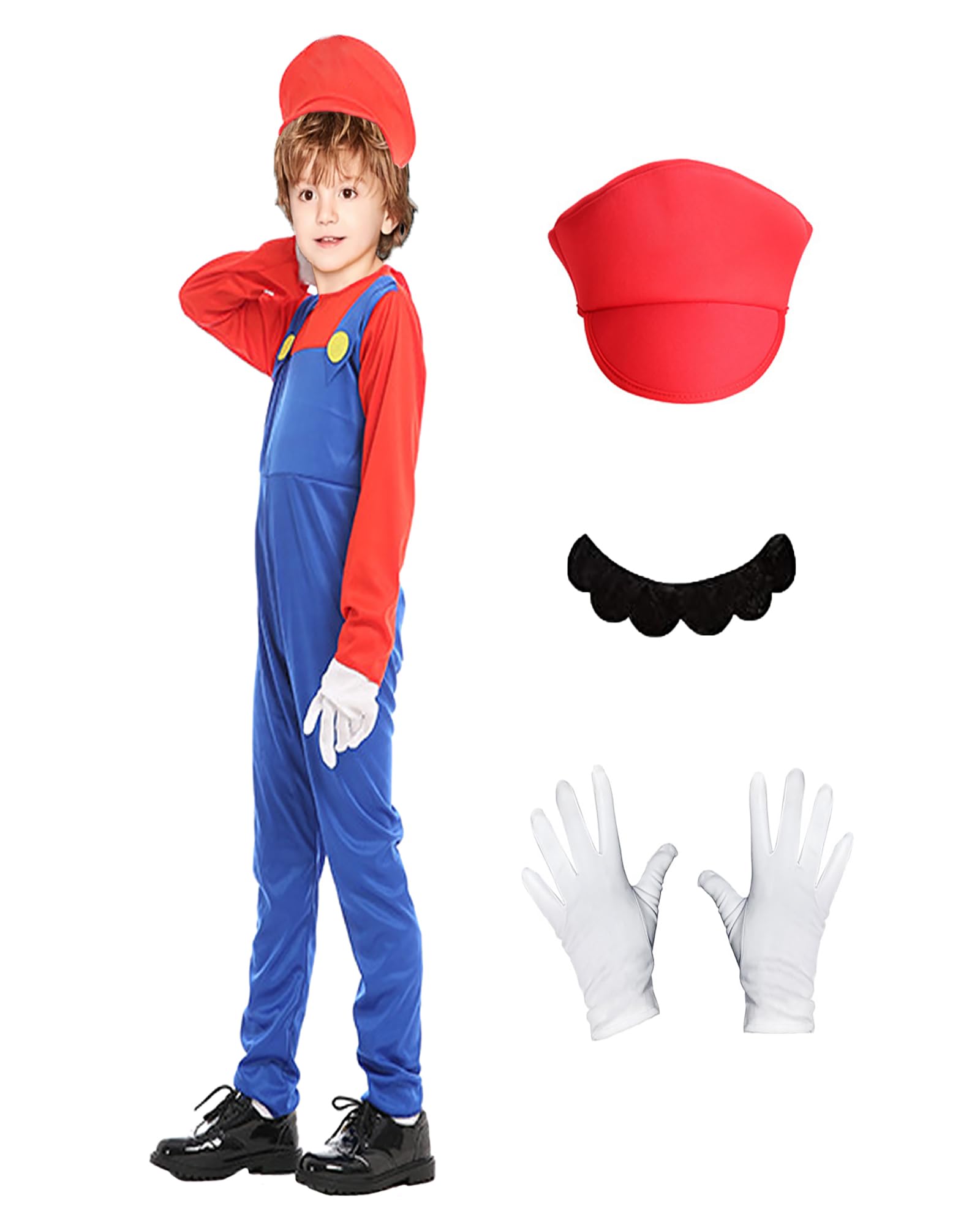 Mario Costume Kids 3-4 5-6 7-8 9-12 Years Boys Girls with Accessories Hat Moustache Gloves Luigi and Mario Costume Fancy Dress Up Outfit Suit Jumpsuit for Halloween World Book Day Party Cosplay