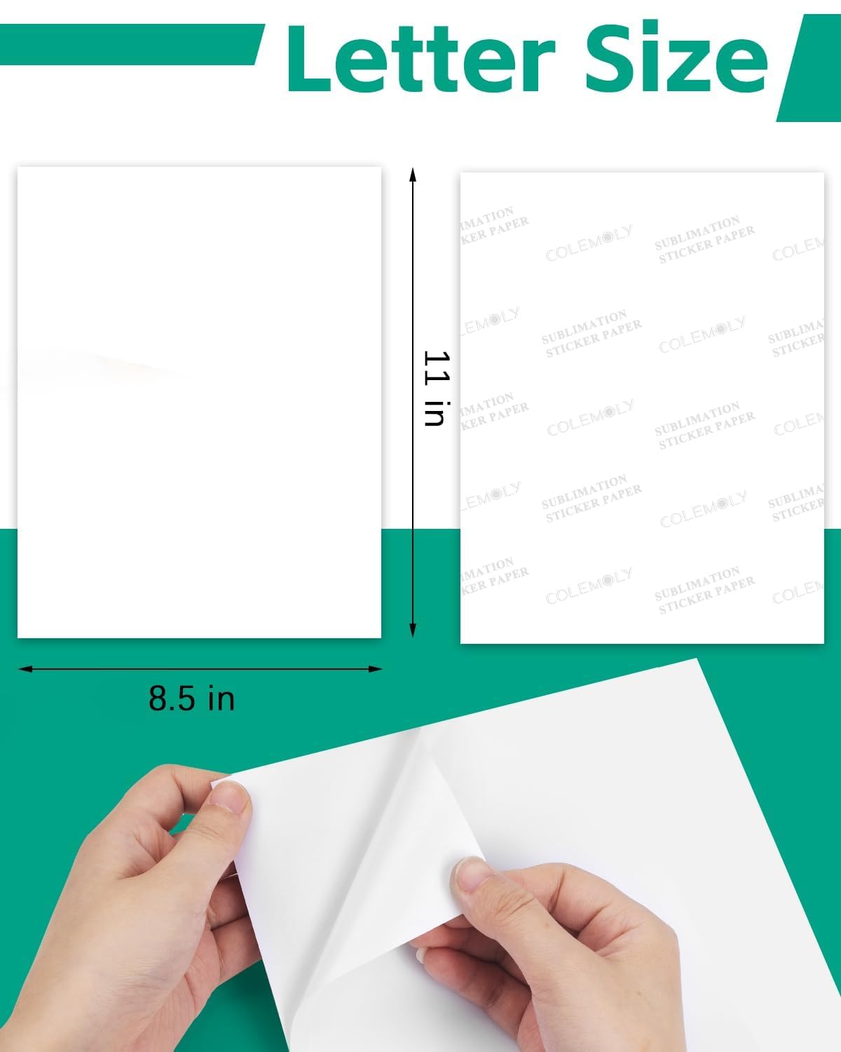 Colemoly Papel adhesivo de sublimación, 30 hojas de calcomanías blancas brillantes impermeables para impresora de inyección de tinta de 8.5 x 11 pulgadas con tinta de sublimación