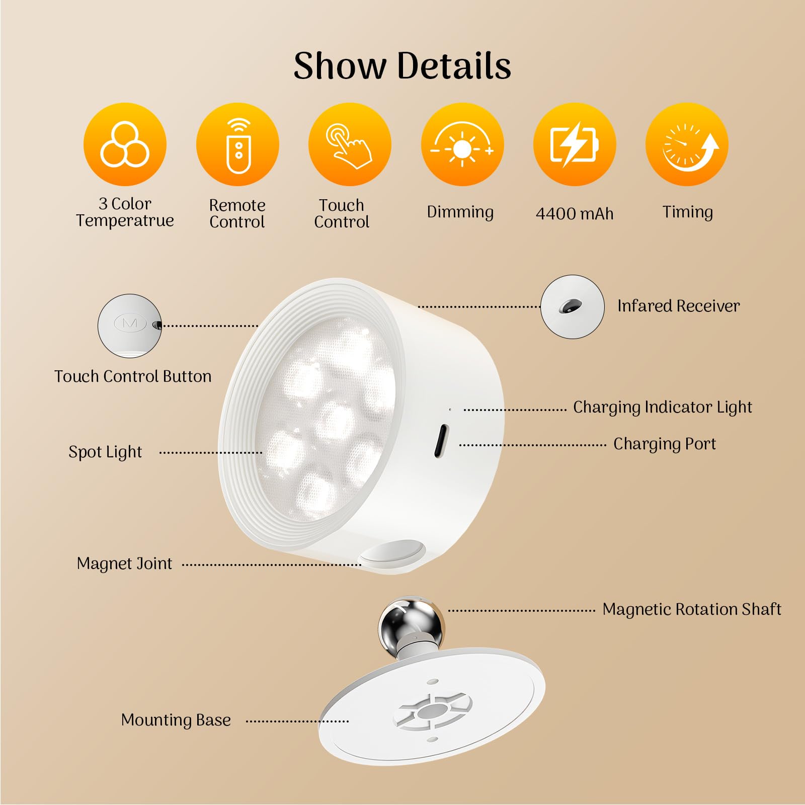 Lamparas Pared Sin Cable 2 Piezas, Aplique Pared Interior Inalámbricos Recargables con Control Remoto y Táctil, 3 Temperaturas Regulables Batería 4400mAh, Rotación Magnética 360° para Dormitorio