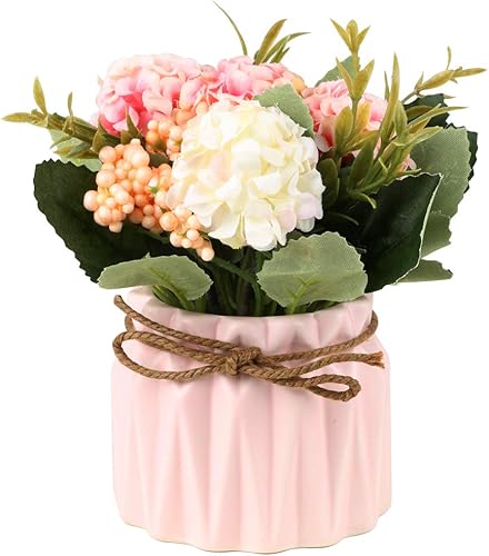 Miniatura 3 de Ramo de hortensias artificiales con pequeño jarrón de cerámica, variedad de bolas de flores de seda falsa, decoración para mesa, hogar, fiesta,