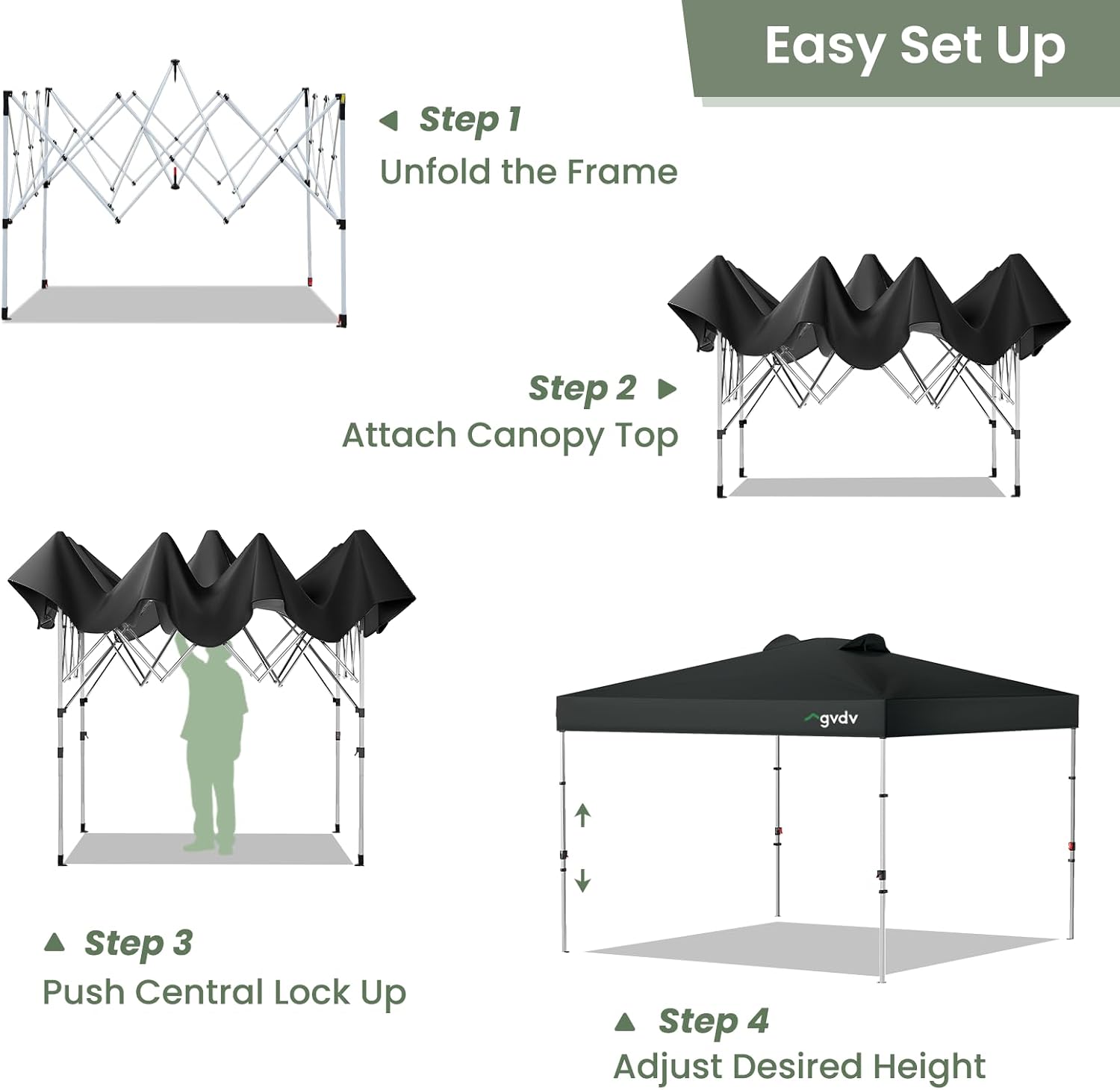 GVDV 10x10 Pop Up Canopy Tent with 4 Sidewalls, Beach Tent with One Push Setup, Outdoor Sun Shade for Events, Parties, Camping - Gazebo with Wheelbag, Black, CP23 B