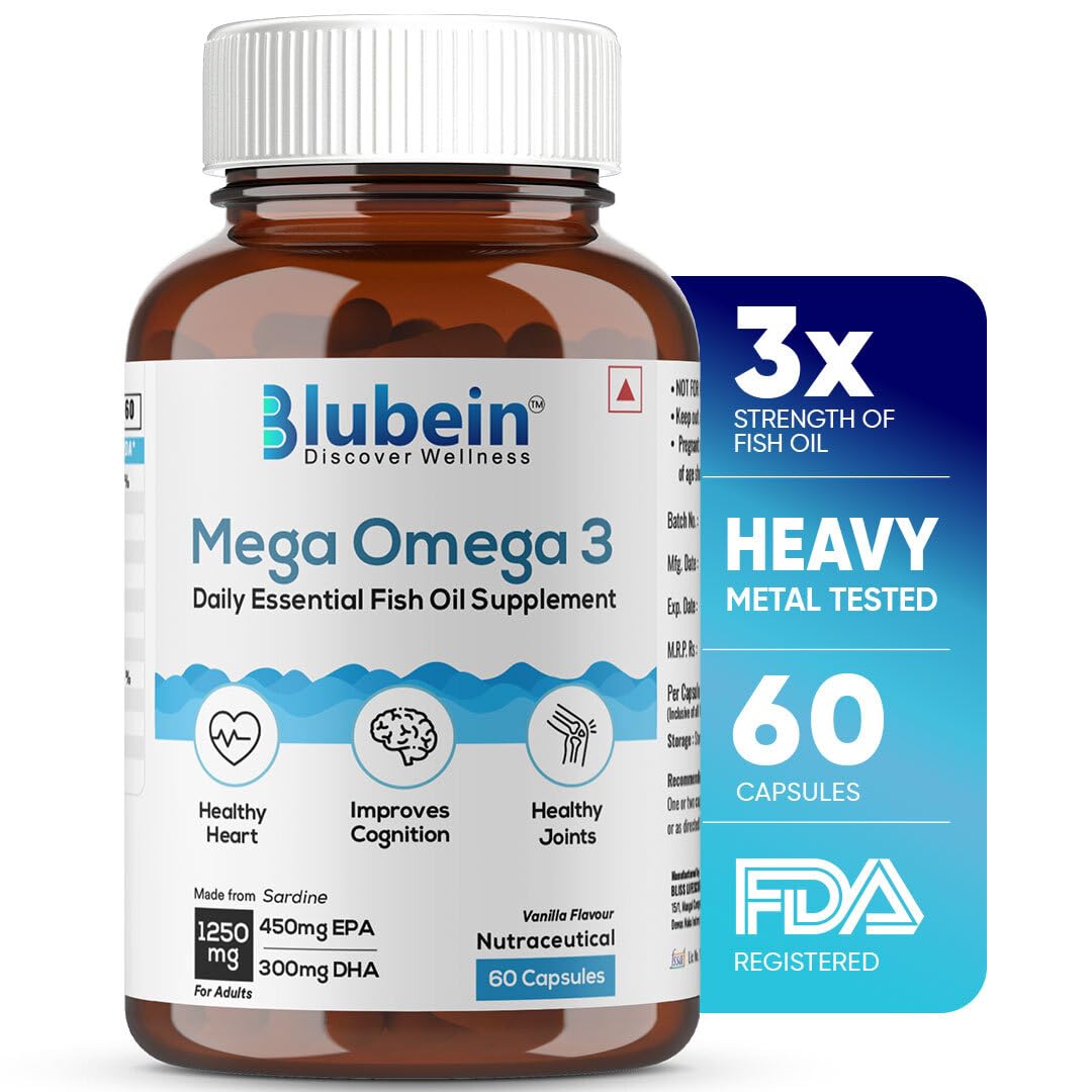 Blubein Mega Omega 3 Fish Oil Capsules for Men & Women, Triple Strength with 1250 mg (450 mg EPA & 300 mg DHA) for Muscle Recovery, Healthy Heart, Joints & Brain - 60 Capsules (B0C3MMBH51) Amazon Price History, Amazon Price Tracker
