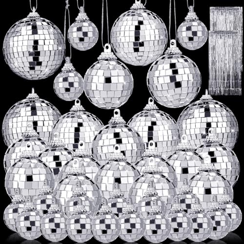 32Pcs Disco Ball Decor with 2pack Metallic Tinsel Foil Fringe Curtains 3.2 x 6.5ft,Hanging Disco Ball Ornaments for Party Decor Wedding Christmas Tree Decoration(1.18in,1.57in,1.96in,2.36in,3.14in)