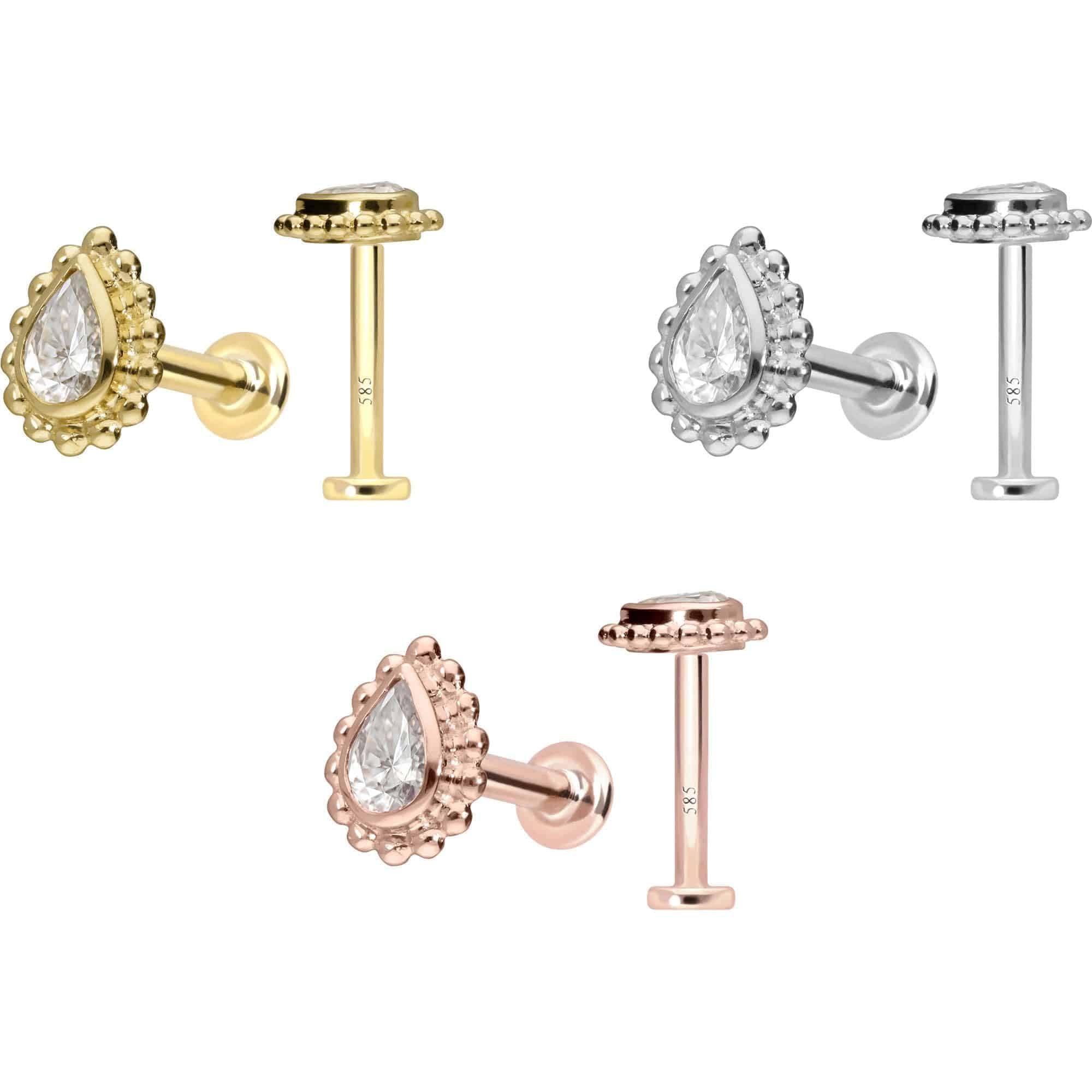 PIERCINGLINE Piercing Stecker 14 Gold Labret mit Innengewinde MOISSANIT-TROPFEN + KUGELN 585er Gold - Roségoldfarben, Goldfarben, Silberfarben