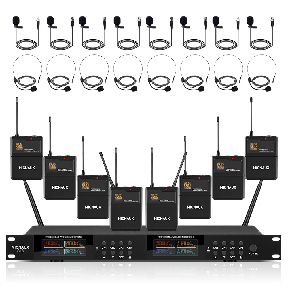 Lapel Wireless Microphone System with Headset & Lavalier Mics, Pro 8 Channel UHF Mics Set with Bodypack Transmitter & Metal Receiver, 200 Adjustable Frequency, 300ft Range for Church, Party