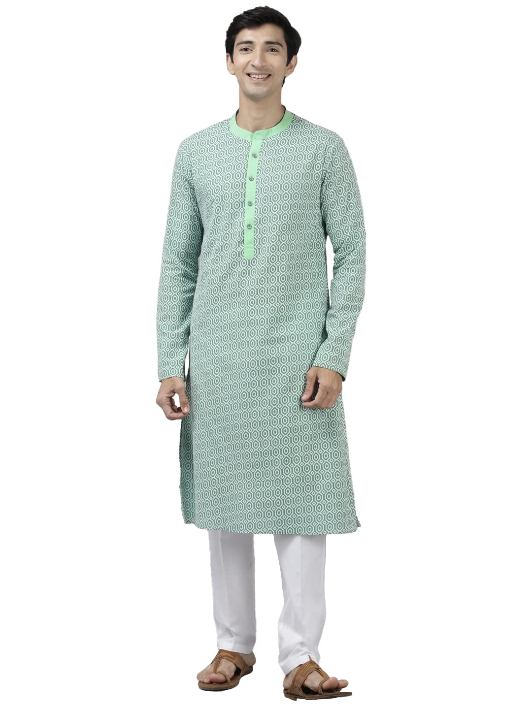 See Designs Men Green & White Printed Pure Cotton Straight Kurta_Sdkt1035M