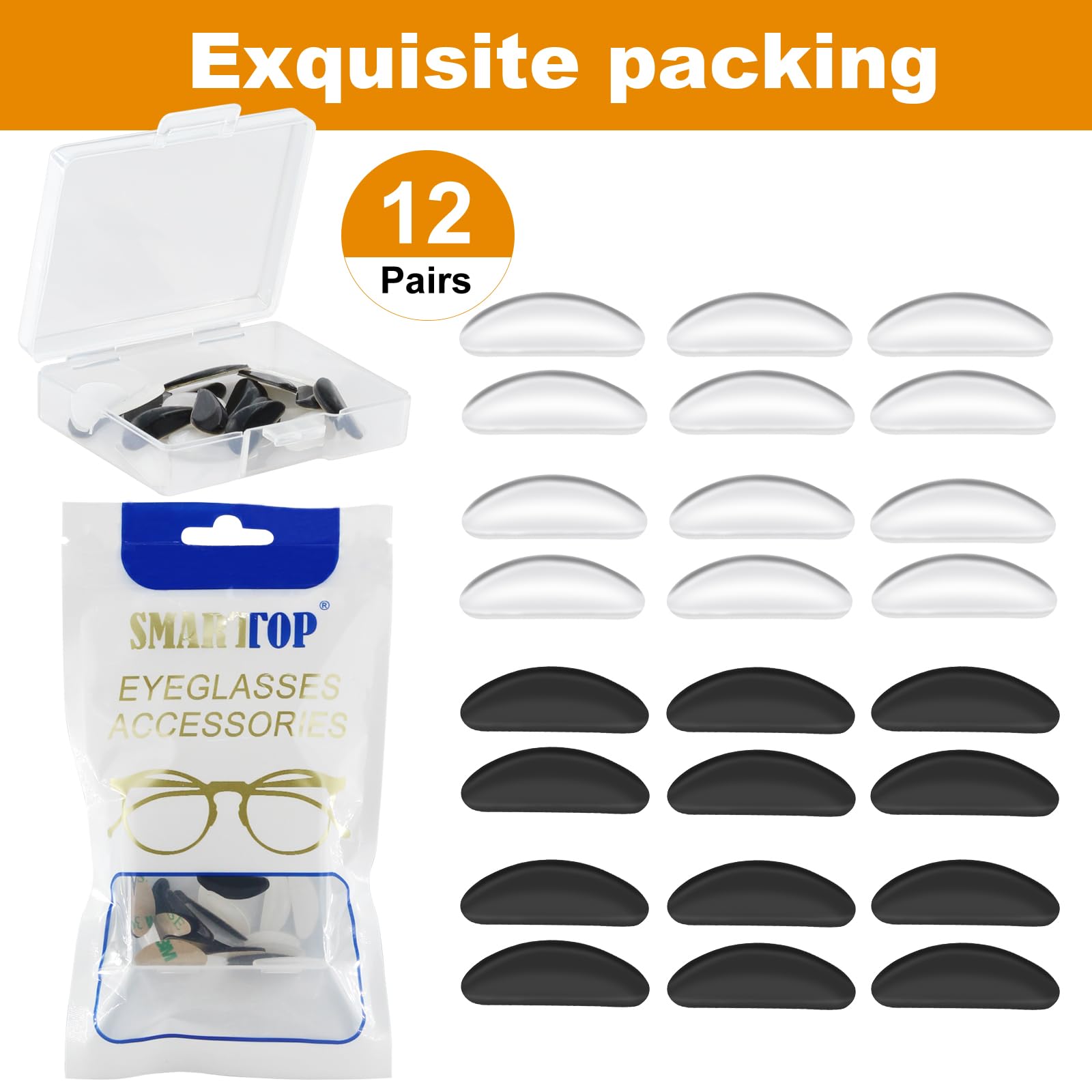 SMARTTOP Almohadilla de nariz adhesiva ultrafina de 1,3 mm, antideslizante para gafas, almohadillas de nariz con lentes de sol superadherentes, 12 pares