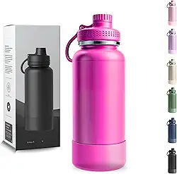Garrafa Térmica 1 Litro - Duplamente Isolada a Vácuo, Capa Protetora da Base de Silicone, Mantém Bebidas Gelada 24 horas e Quente 12 horas (Rosa Phink Wide)
