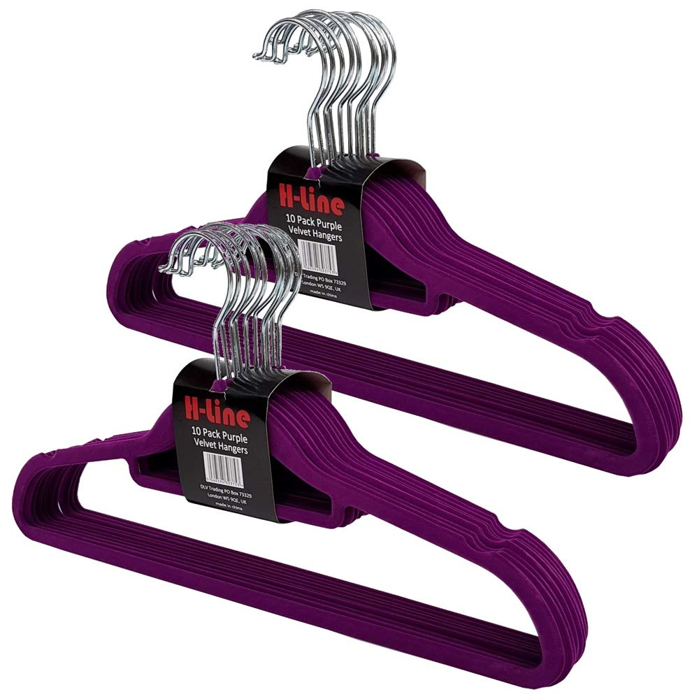 H-line 20 x Non Slip Flocked Velvet Coat Clothes Hangers Trouser Hanging Space Saving (Purple) — image 1