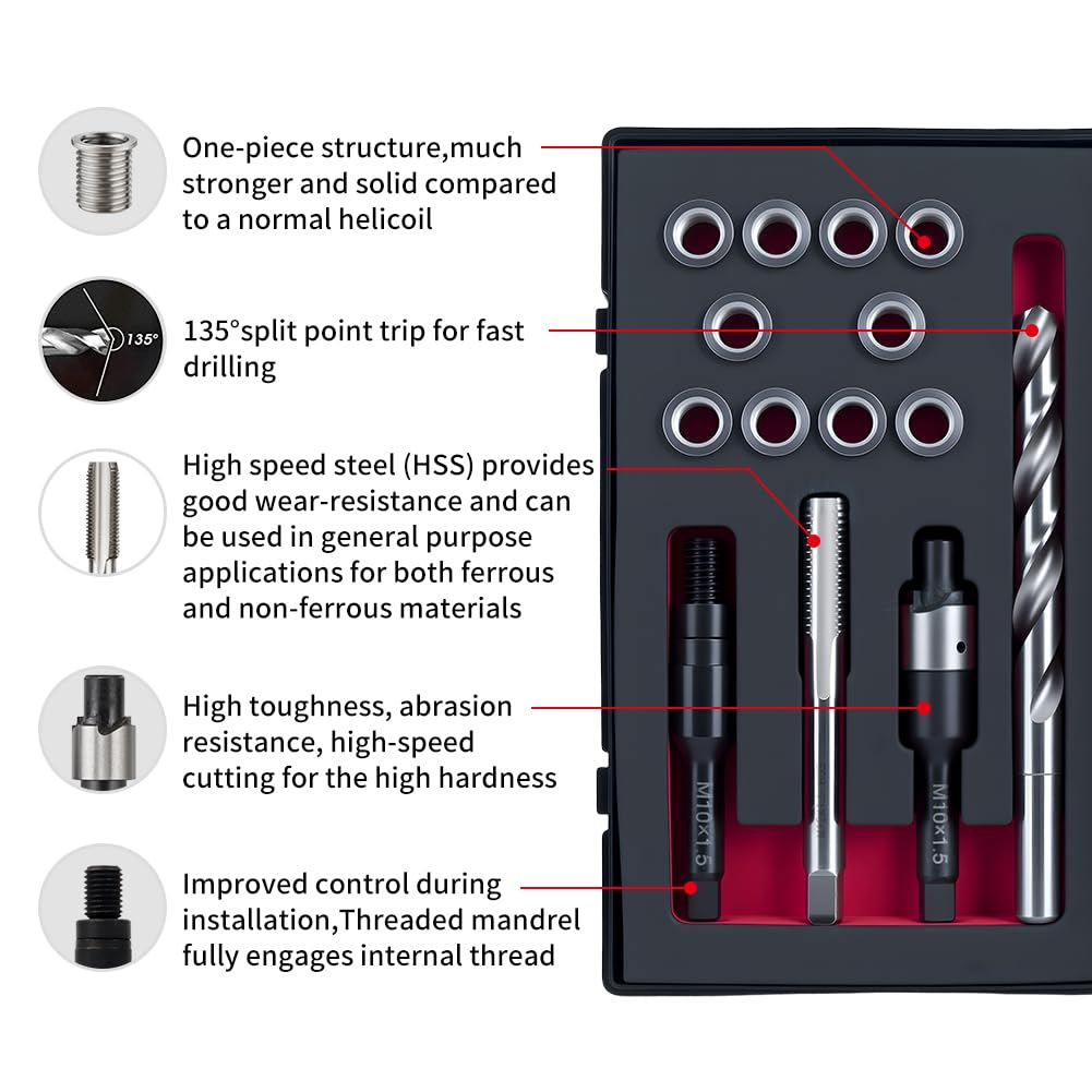 Kit di riparazione filettatura M10 x 1,5 con inserto da 14 mm HSS trapano, rubinetto, controforo, driver di installazione, inserto in acciaio al carbonio M10 x 1,5 x 14 mm x 10 pezzi