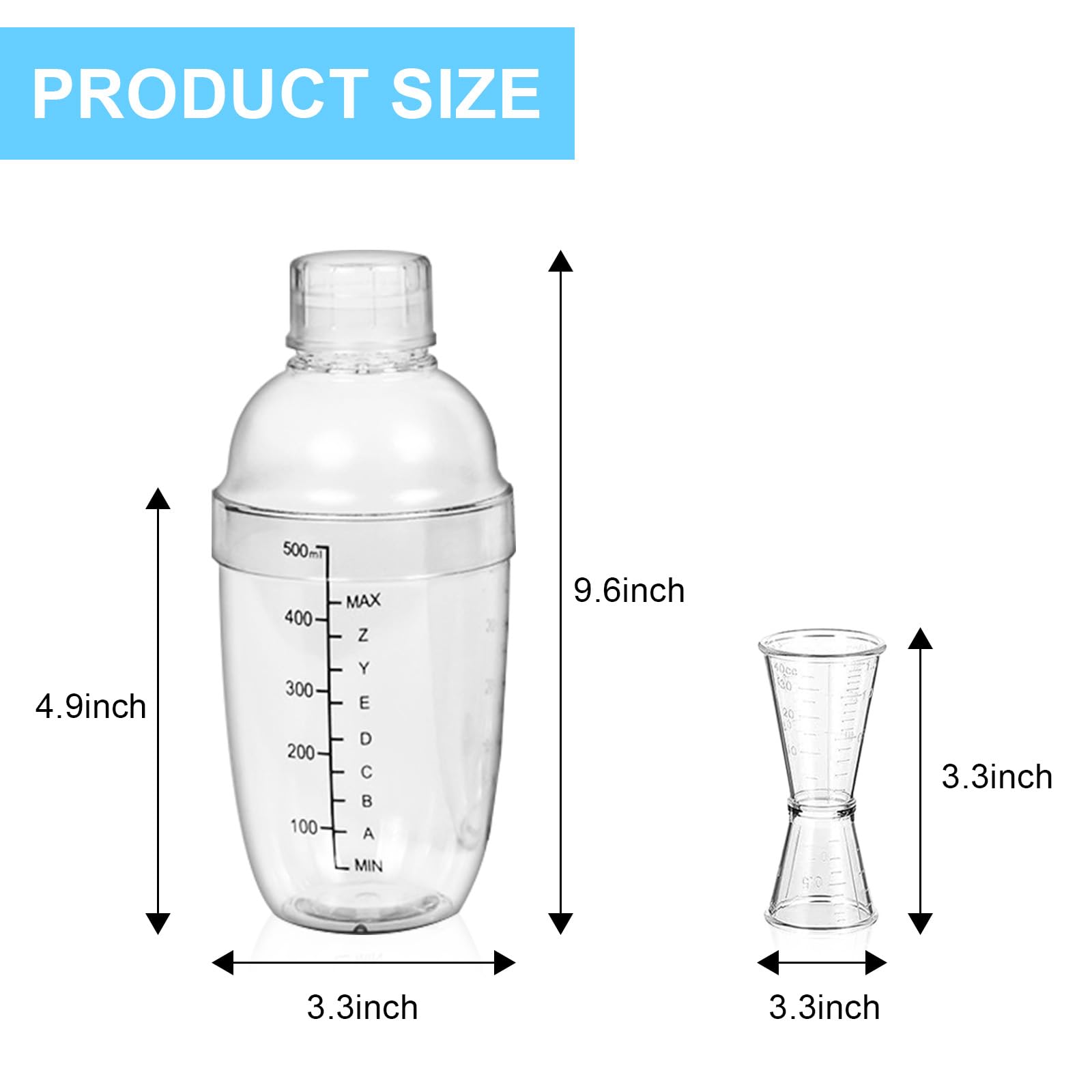 Voittozege 12 Pcs Plastic Cocktail Shaker Set, 6 Pcs 17 oz Cocktail Shaker and 6 Pcs Measuring Jigger Set Clear Wine Shaker Bar Mixing Tool Clear Drink Shaker for Kitchen Bar Party Tools