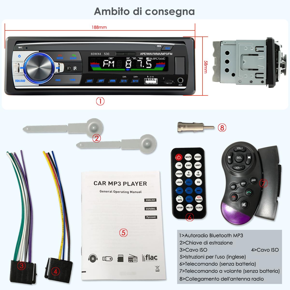 Autoradio Bluetooth con sistema vivavoce autoradio con Bluetooth USB/TF/lettore MP3/radio con connessione AUX Auto, autoradio FM con telecomando 1 DIN RDS Funzione di ricarica rapida