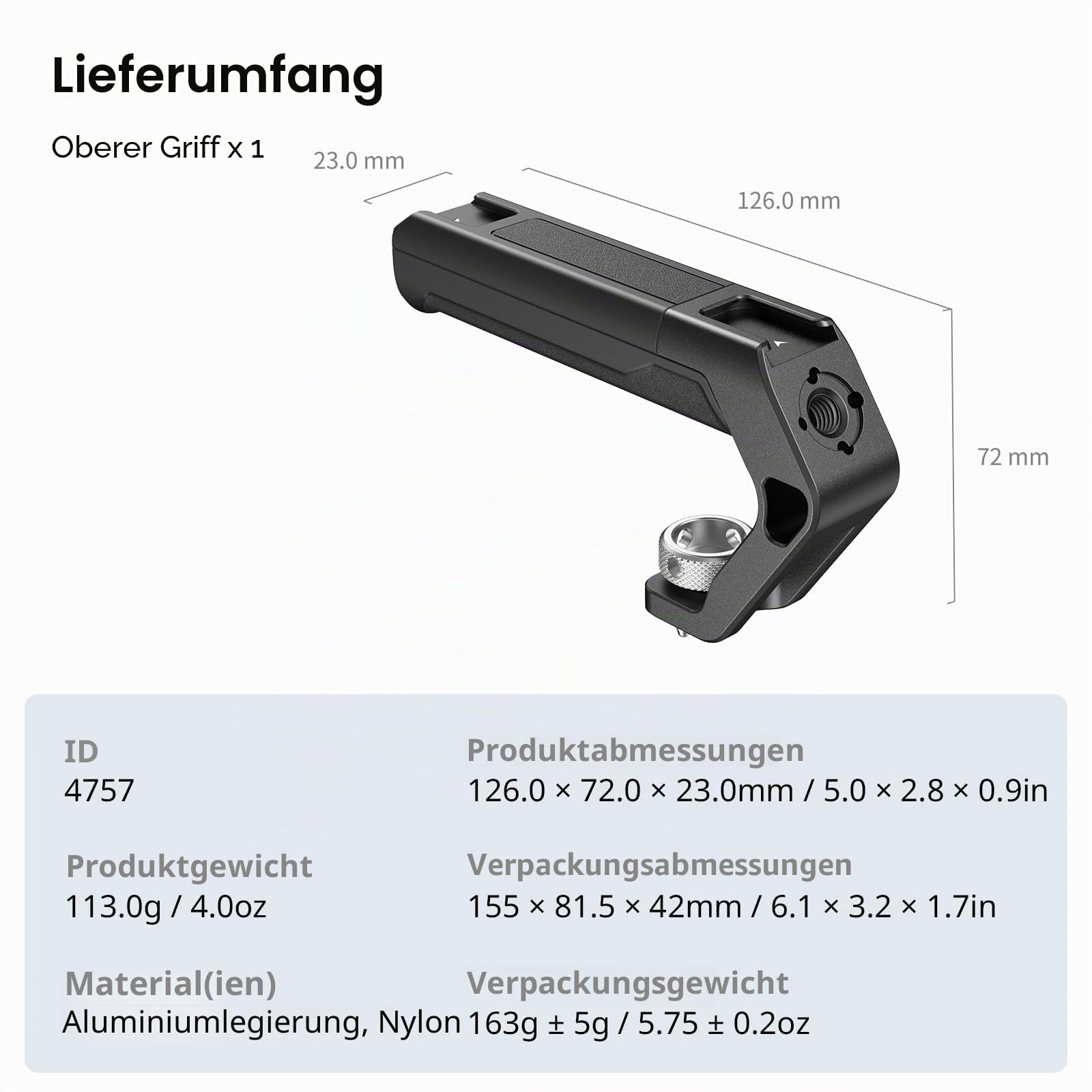 SMALLRIG Leichter Top Handle mit 3/8"-16 Positionierungsstiften for ARRI, winziger oberer Kameragriff nur 113g, hochfester technischer Kunststoffgriff mit Zwei Cold Shoe-Halterungen – 4757