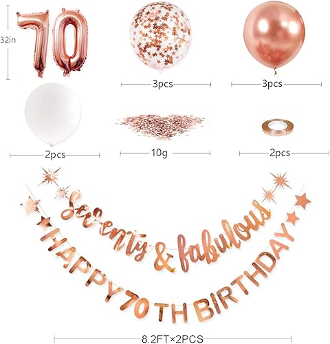 Miniatura 2 de Guirnalda de globos de aluminio de 70 cumpleaños de 70 años de oro rosa para mujer, decoraciones de cumpleaños 70 para colgar de 70 años y fabulosos