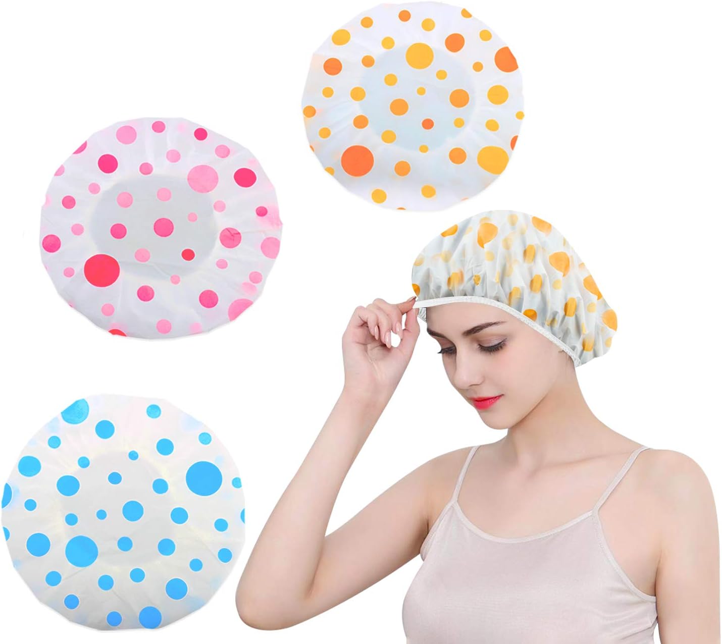 Shower Caps-Hair Bonnet-Plastic Elastic Band Bath Caps for Hair-Bath Hat for Women Waterproof, Reusable Shower Hat 3 Pieces