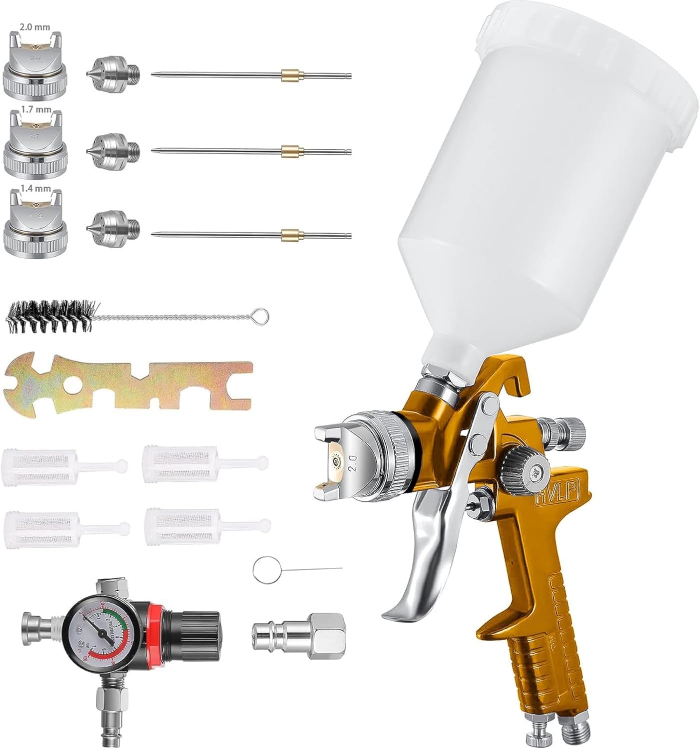 HVLP Pistola a spruzzo ad alta atomizzazione Pistola a spruzzo per riparazioni di piccoli mobili per auto con regolatore di pressione dell'aria Serbatoio vernice da 600cc 1.4/1.7/2.0mm ugello