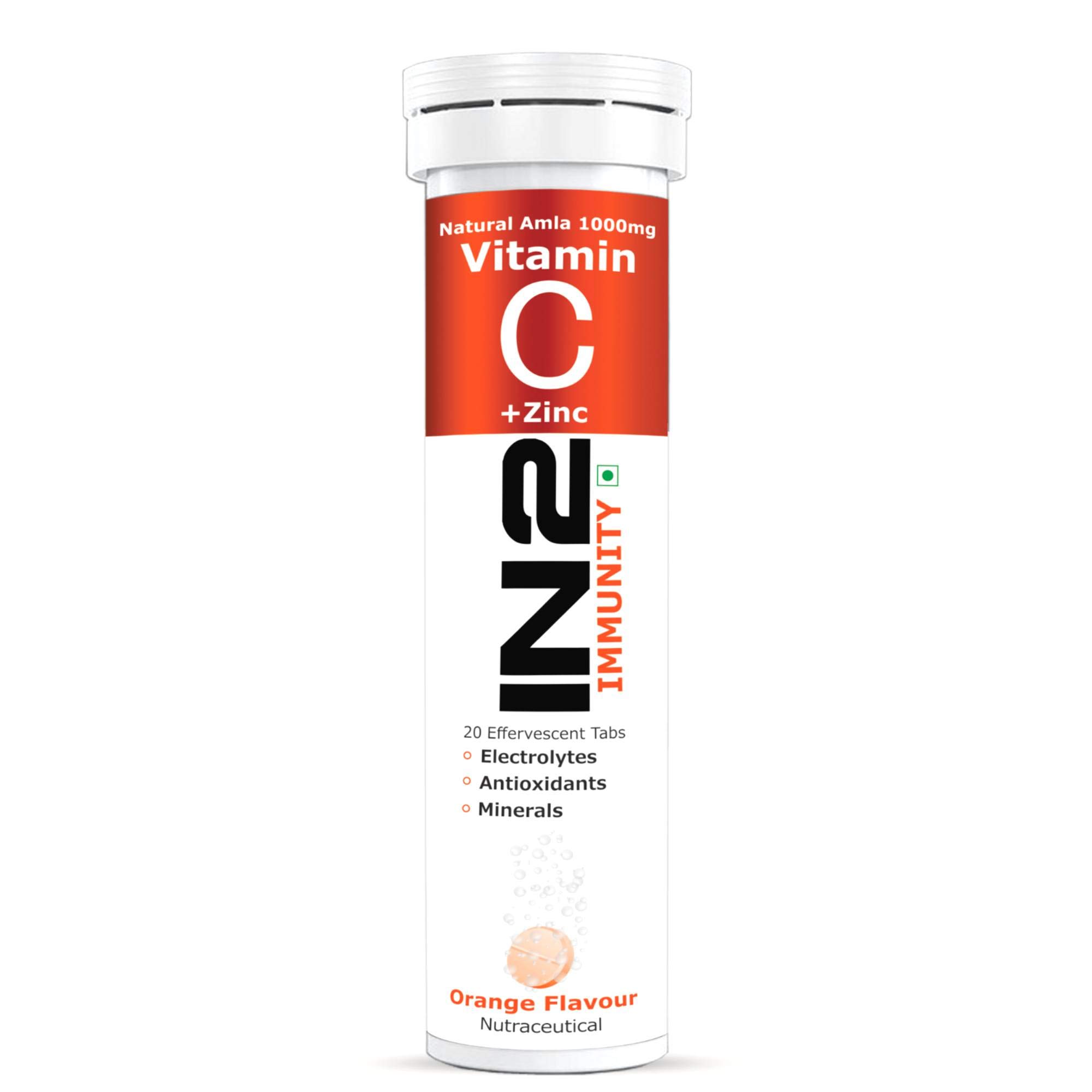 IN2 Natural Amla 1000mg Vitamin C +Zinc | Immune Support |Orange Flavour | 20 Effervescent tablets