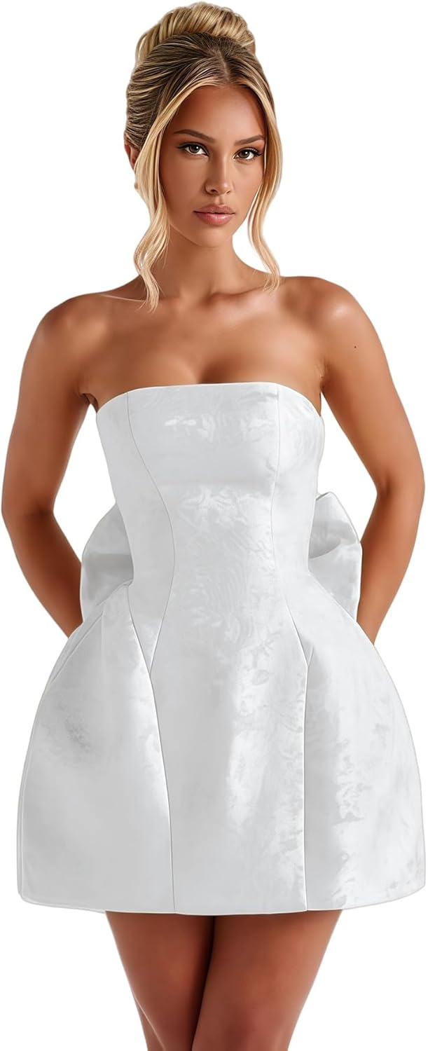 ZGMYC Jacquard Satin Homecoming Dress with Bow Elegant Strapless Mini Dress A Line Short Prom Dresses Party Gown - Image 4