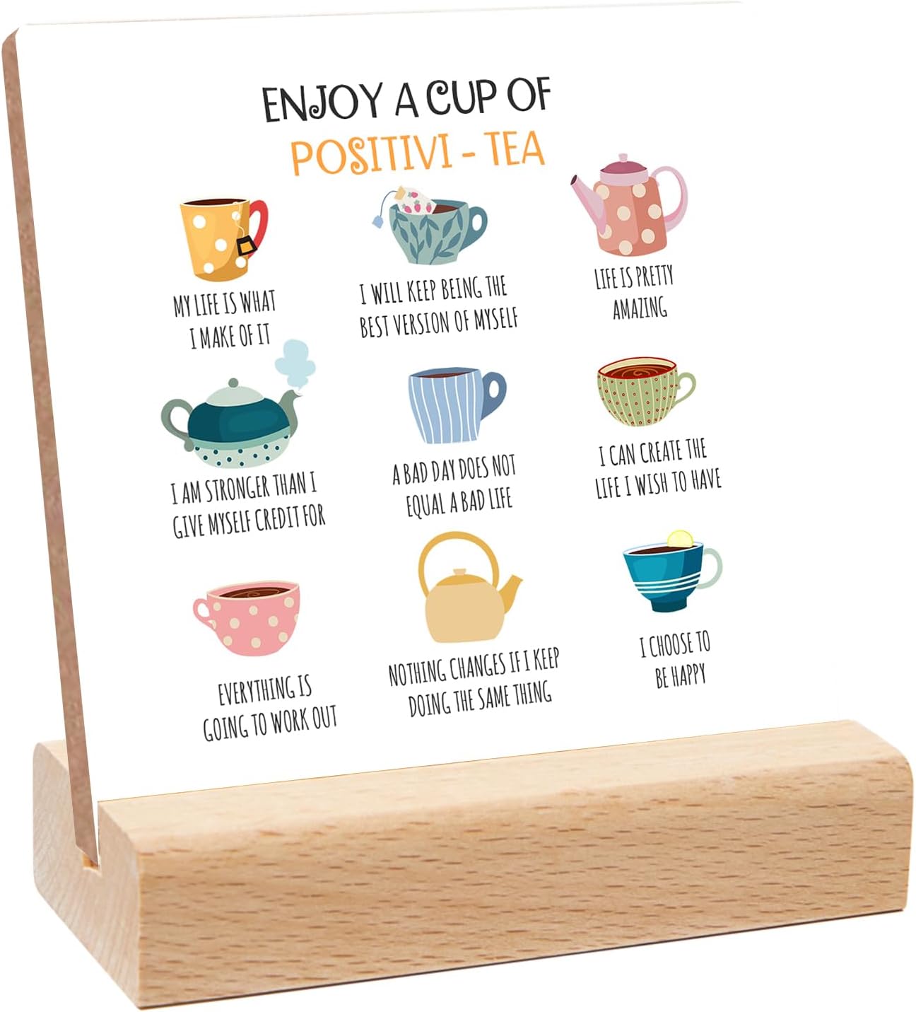 Mental Health Enjoy a Cup of Positivi-tea Wooden Sign, with Wooden Stand, Positive Health Decorations, Perfect Sign Decor for School Counselling Office 4 * 4 IN