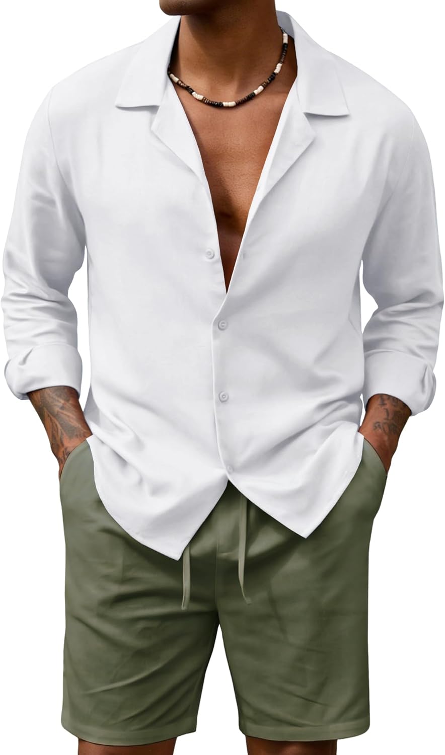 URRU Men's 2 Pieces Linen Set Long Sleeve Button Down Shirts and Short Set Summer Beach Casual Vacation Outfits