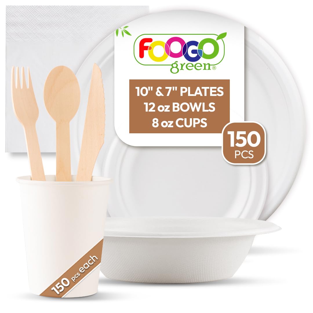 FOOGO Green 1200pcs Disposable Sugarcane Fibre Dinnerware Set - Paper Plates, Cups, Napkins & Wooden Cutlery Set, FSC® Certified - Includes Large & Small Plates, Bowls & более