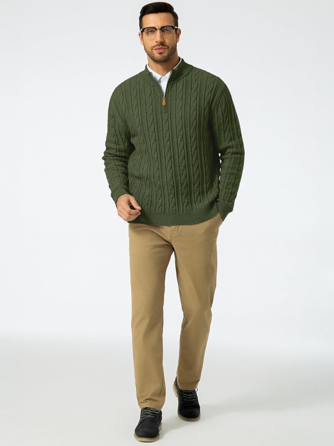 JMIERR Men's Quarter Zip Pullover Sweater Cable Knit Casual Stand Collar Texture Knitted Sweaters - Image 5