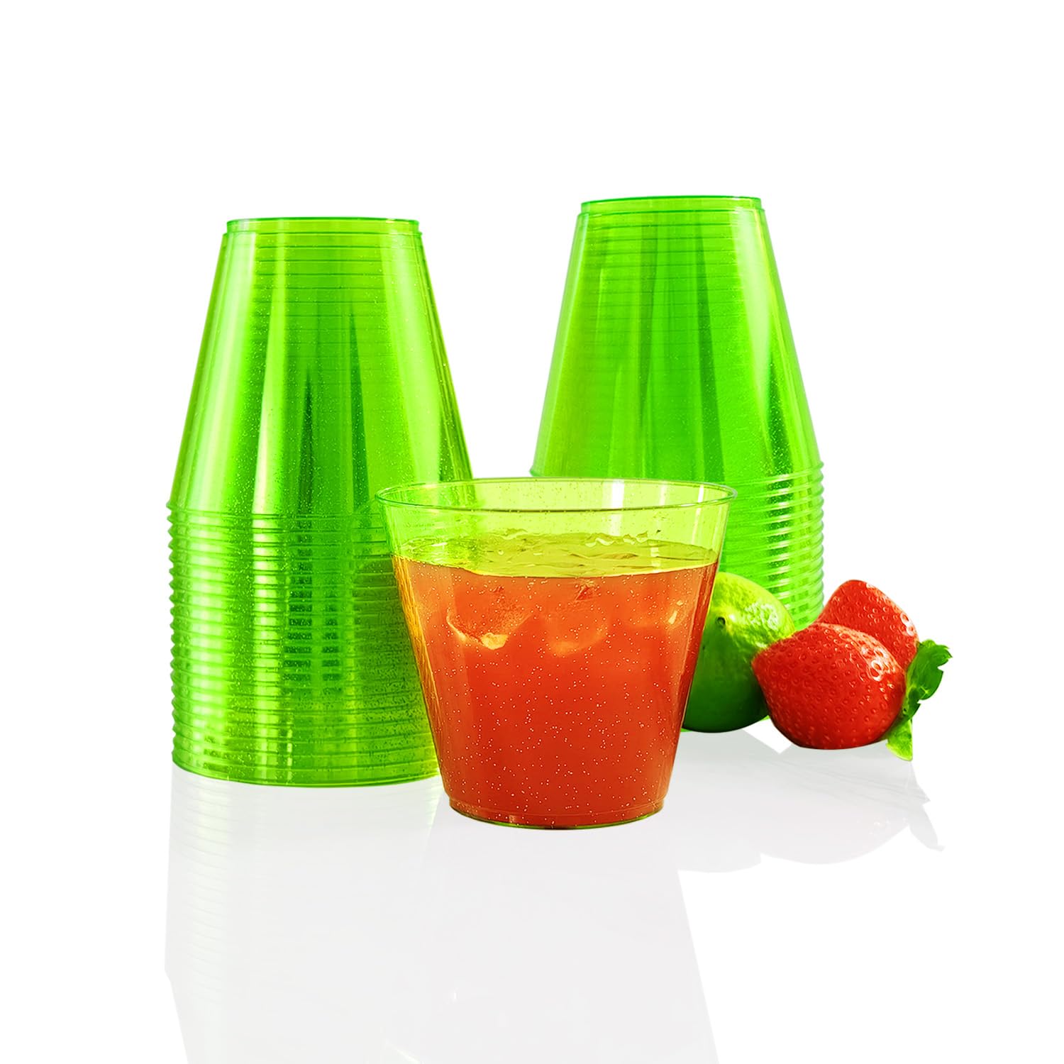 KINGSUSLAY 50PCS Premium Plastic Party Cups, Clear Hard Plastic Cups with Green Glitter (265ml / 9oz) - Reusable Plastic Glasses, Tumblers, Green Cups for Drinks, Cocktail, Dessert, Wedding, Parties — image 1