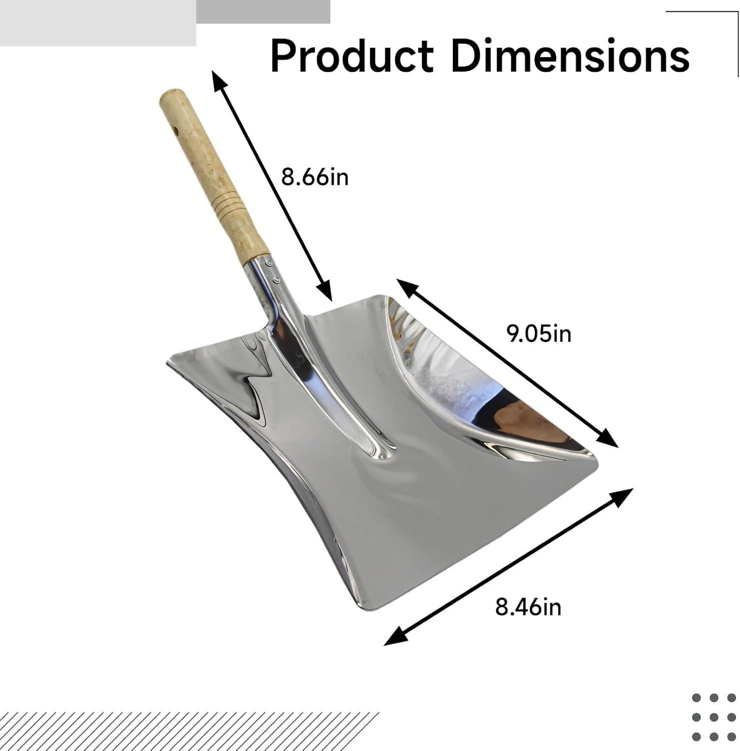 Easy Clean Dust Pan Stainless Steel Heavy Duty, Wooden Handle, Ergonomic Large Design, Metal Commercial Grade Dustpan, Ideal Use Indoor and Outdoor, Grip Comfortable