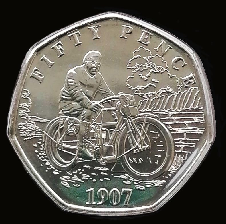 Isle of Man 2024 The First TT 1907 History of Motorcycles Racing UNC 50p in Heptagon Acrilyc Coin Holder