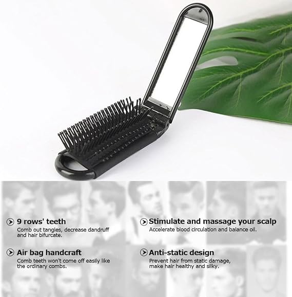2 PCS Folding Hair Brush with Mirror, Foldable Hair Brushes, Foldable Travel Mini Hair Brush with Mirror, Travel Hair Brushes, for Gym, Swimming, Women Girls and Men(Black, Pink)