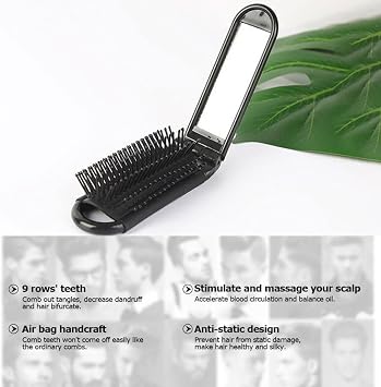2 PCS Folding Hair Brush with Mirror, Foldable Hair Brushes, Foldable Travel Mini Hair Brush with Mirror, Travel Hair Brushes, for Gym, Swimming, Women Girls and Men(Black, Pink)