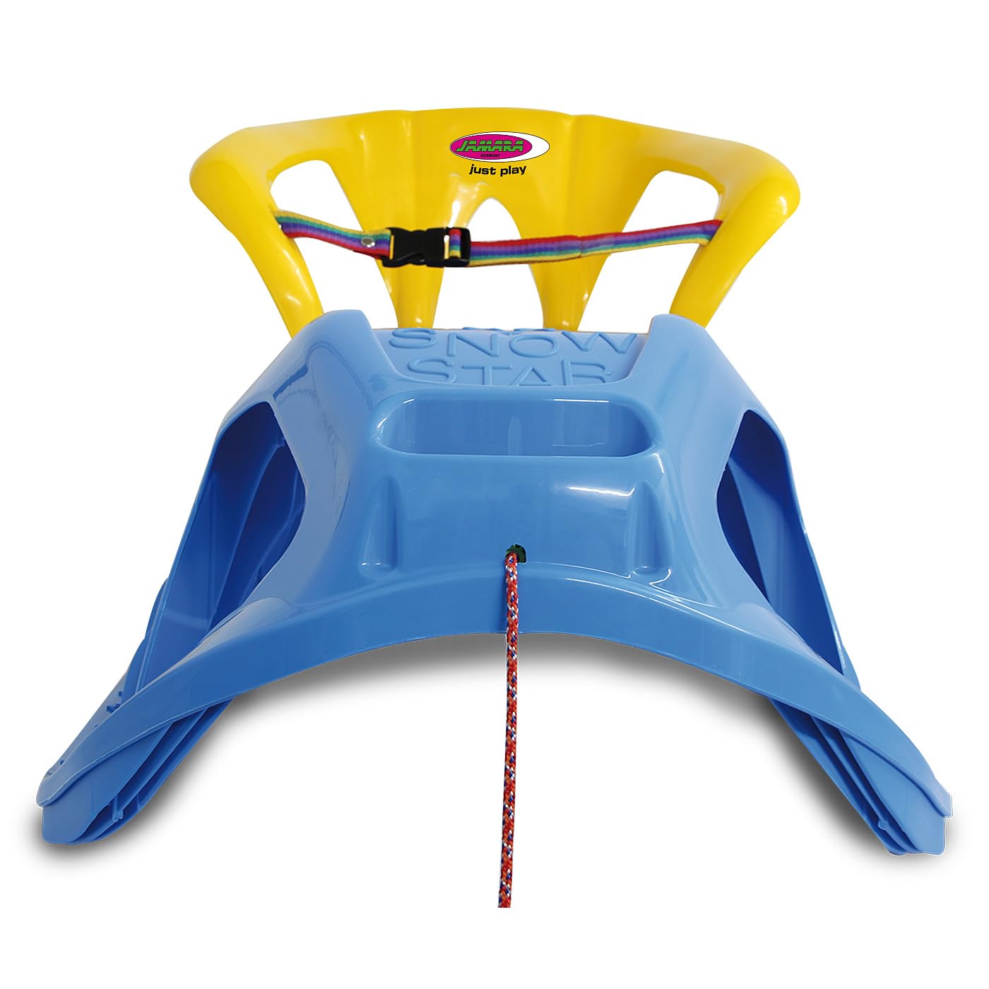 Jamara Snow Play 460367 Snow-Star 460367 Patins en métal avec Protection Contre Le basculement, Dossier et Sangle de sécurité Inclus Bleu 90 cm